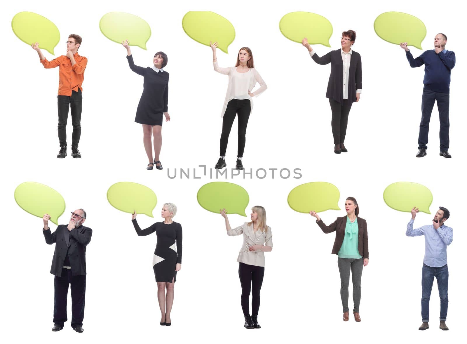group of successful business people with comments isolated on white background