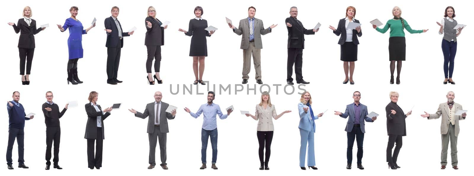 group of people holding tablet with outstretched hand isolated on white background