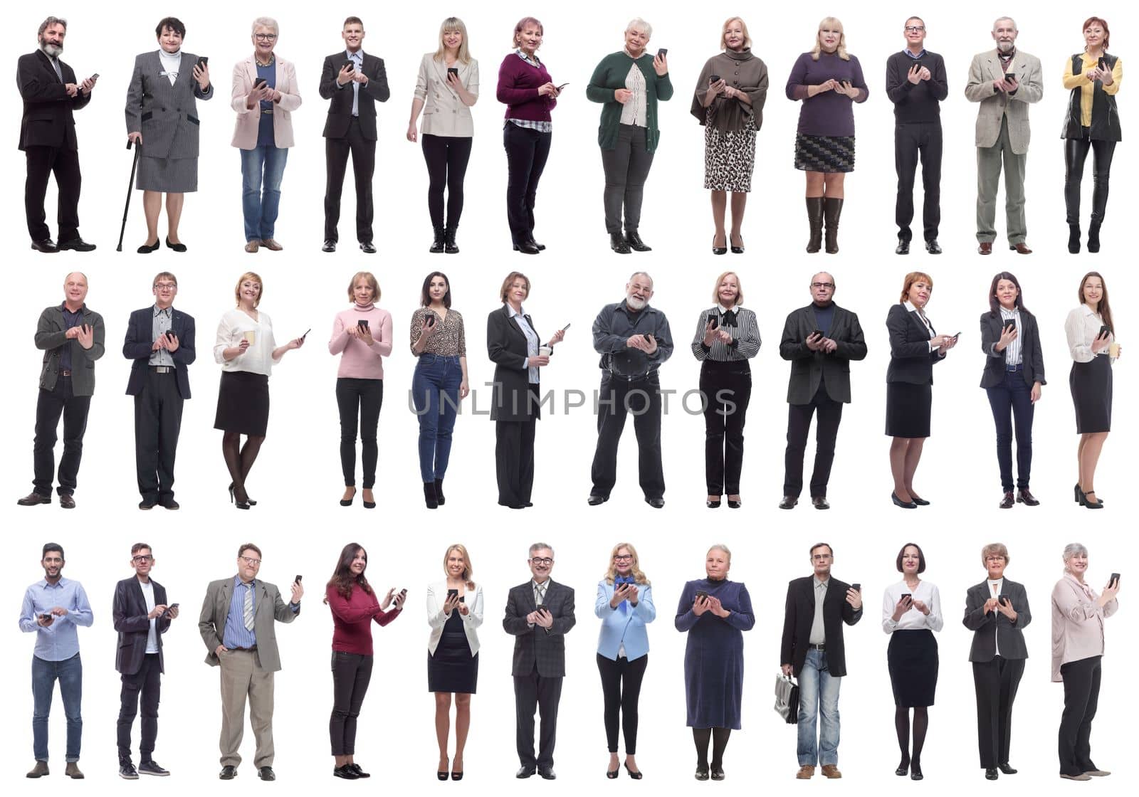 group of people holding phone in hand and looking at camera isolated on white background
