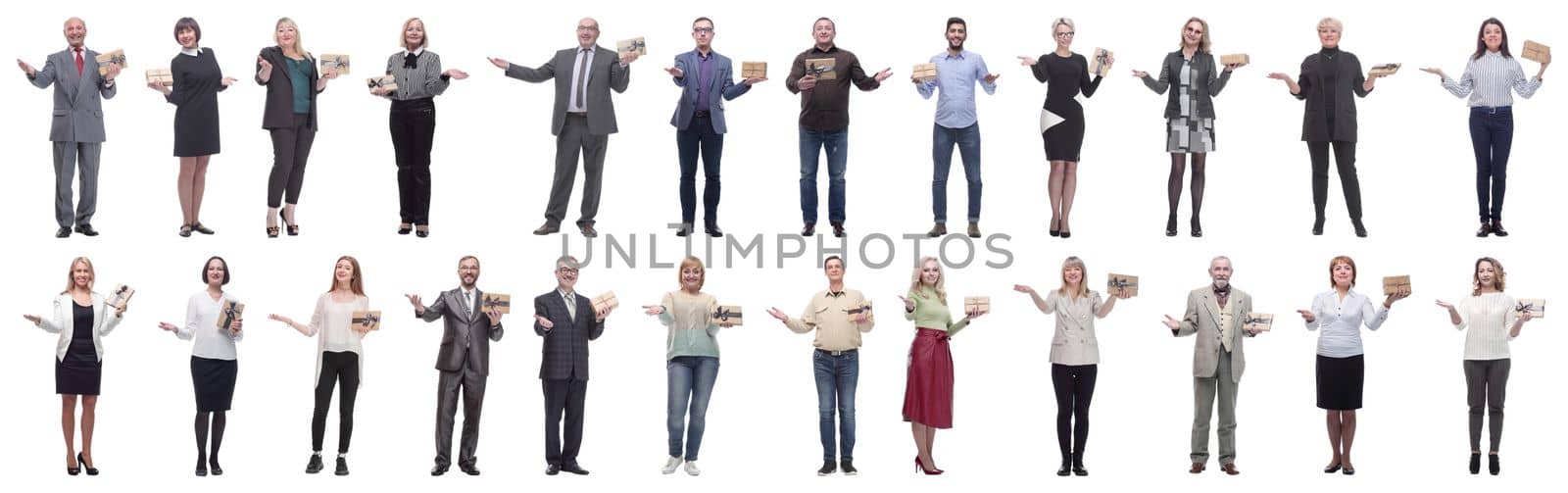 group of happy people with gifts in their hands isolated on white background