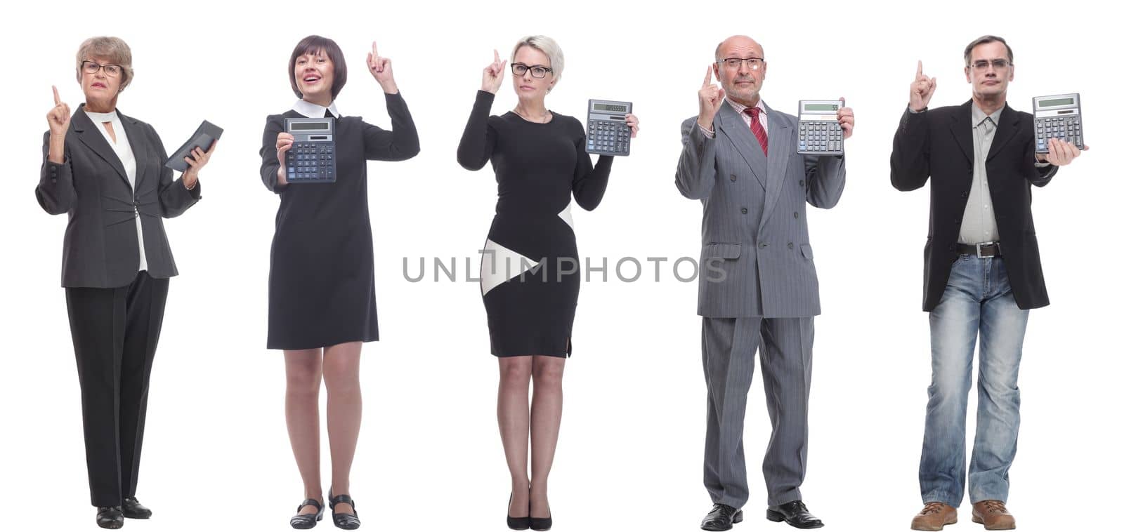 Collage of people with calculator isolated on white background