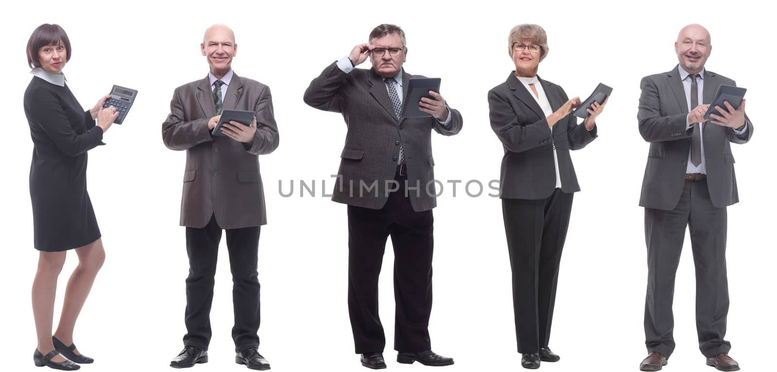 collage group of successful financiers with calculator isolated on white background