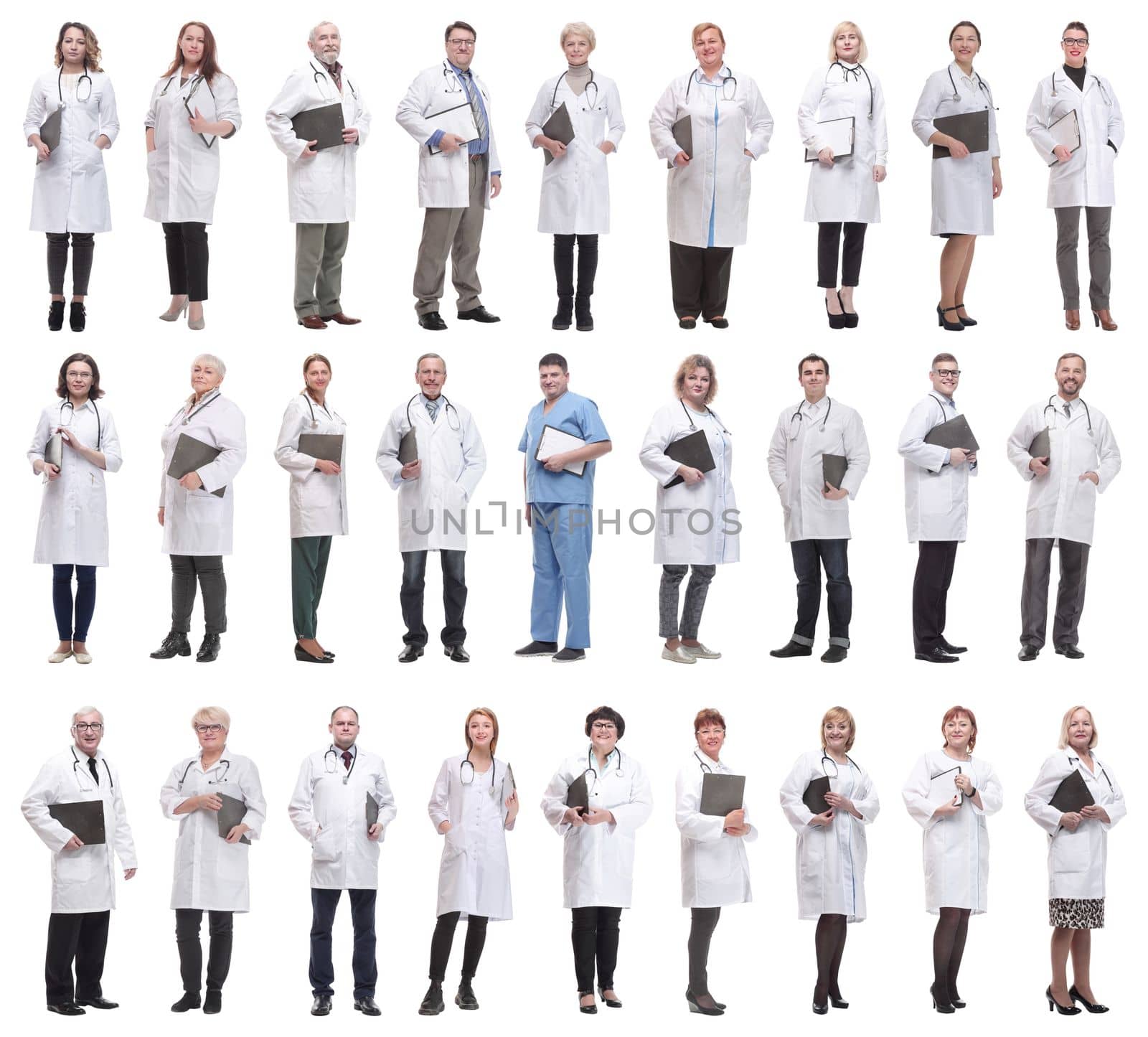 full length group of doctors with notepad isolated on white background