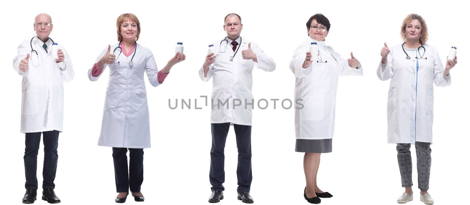 group of doctors holding jar isolated on white background