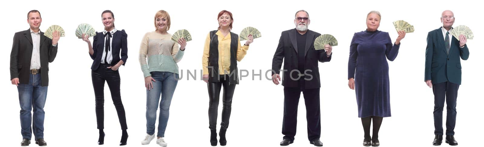 group of successful people holding money in hand isolated on white background