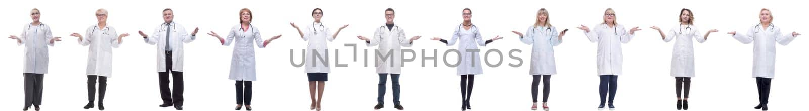 group of doctors in full length isolated on white background
