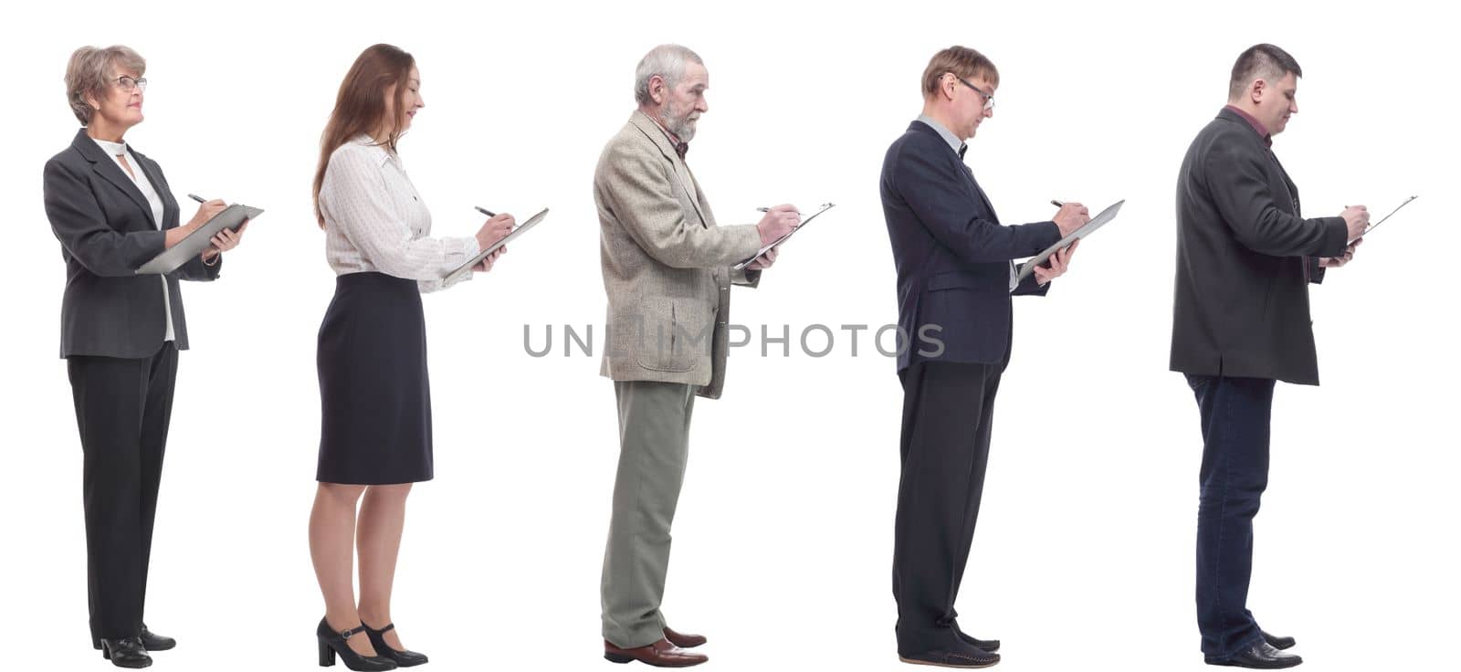 group of successful people with notepad in hands isolated on white background