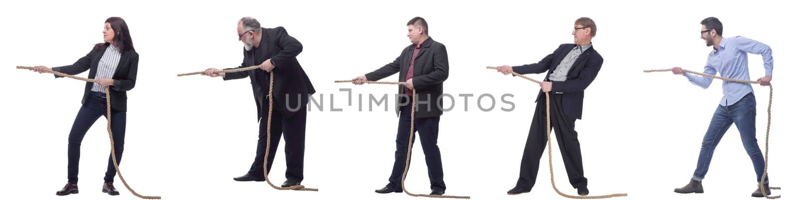 Business people pulling rope isolated on white background