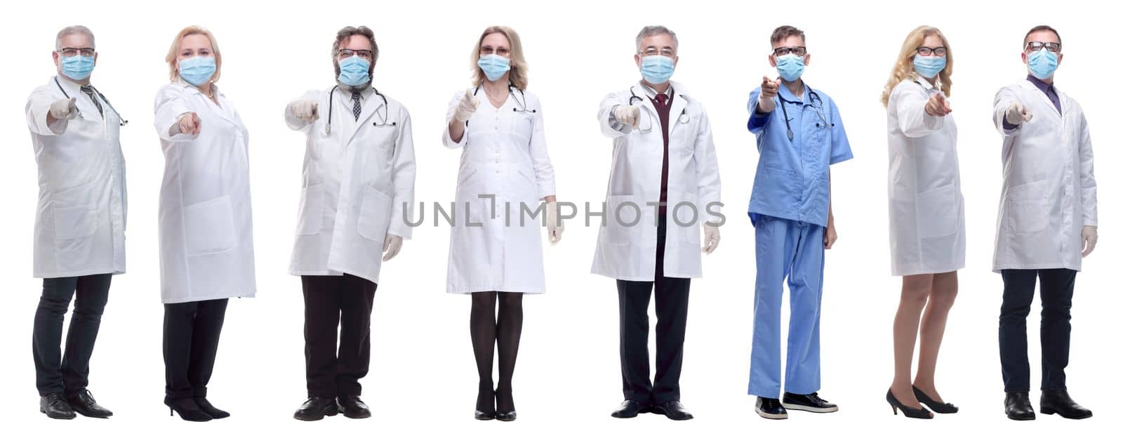 group of doctors in mask isolated on white background