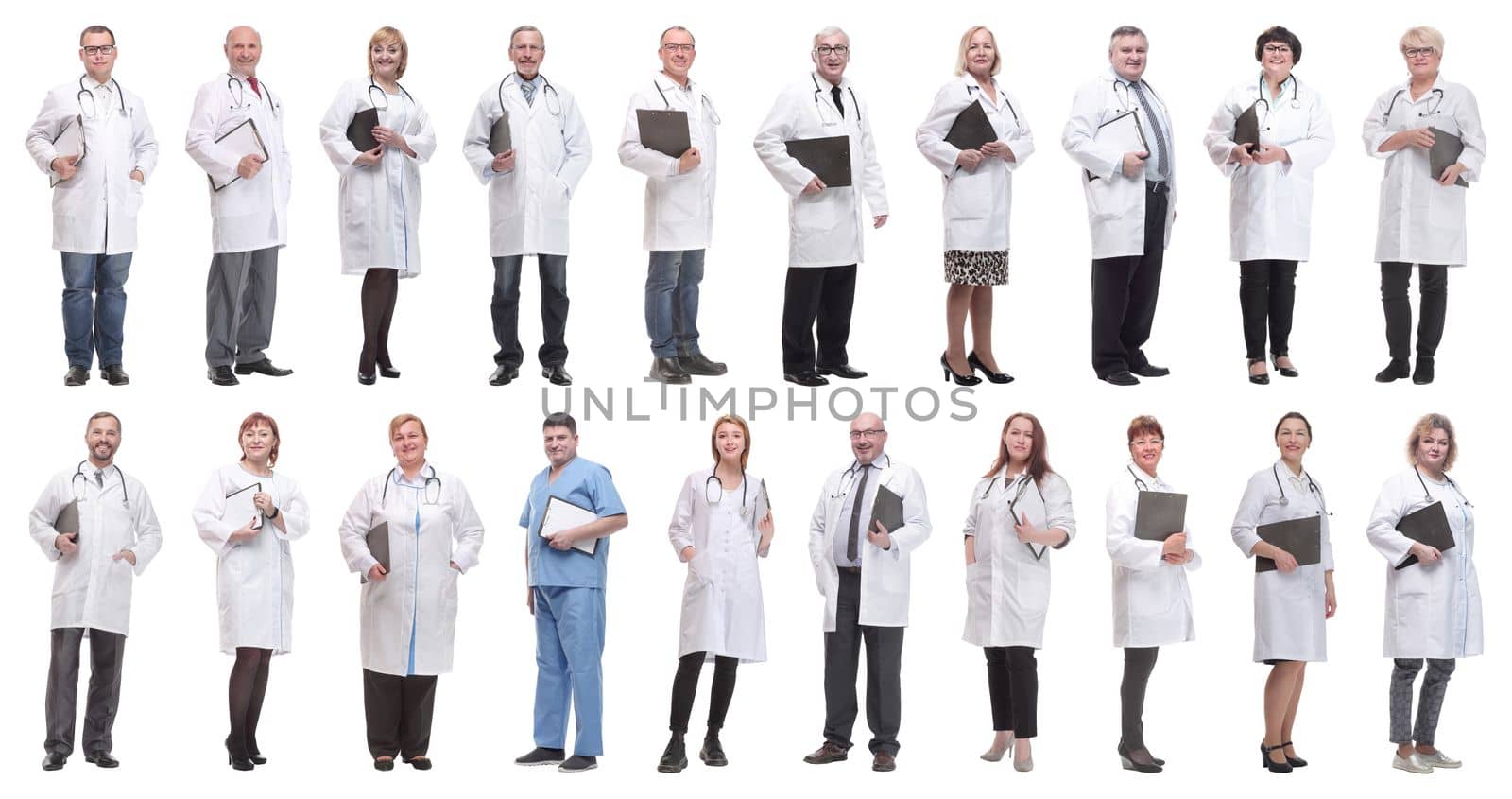full length group of doctors with notepad isolated on white background