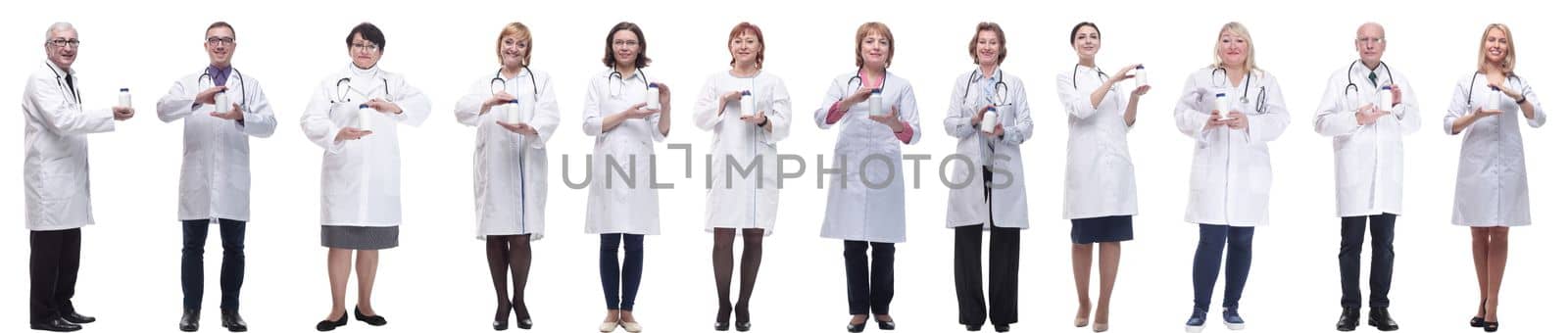 group of doctors holding jar isolated on white background