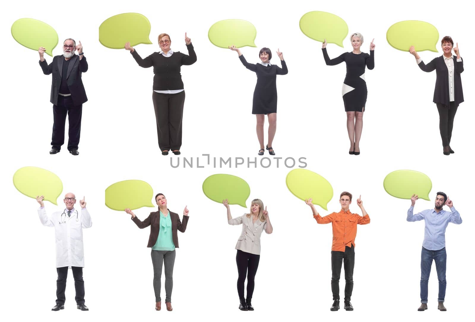 group of successful business people with comments isolated on white background