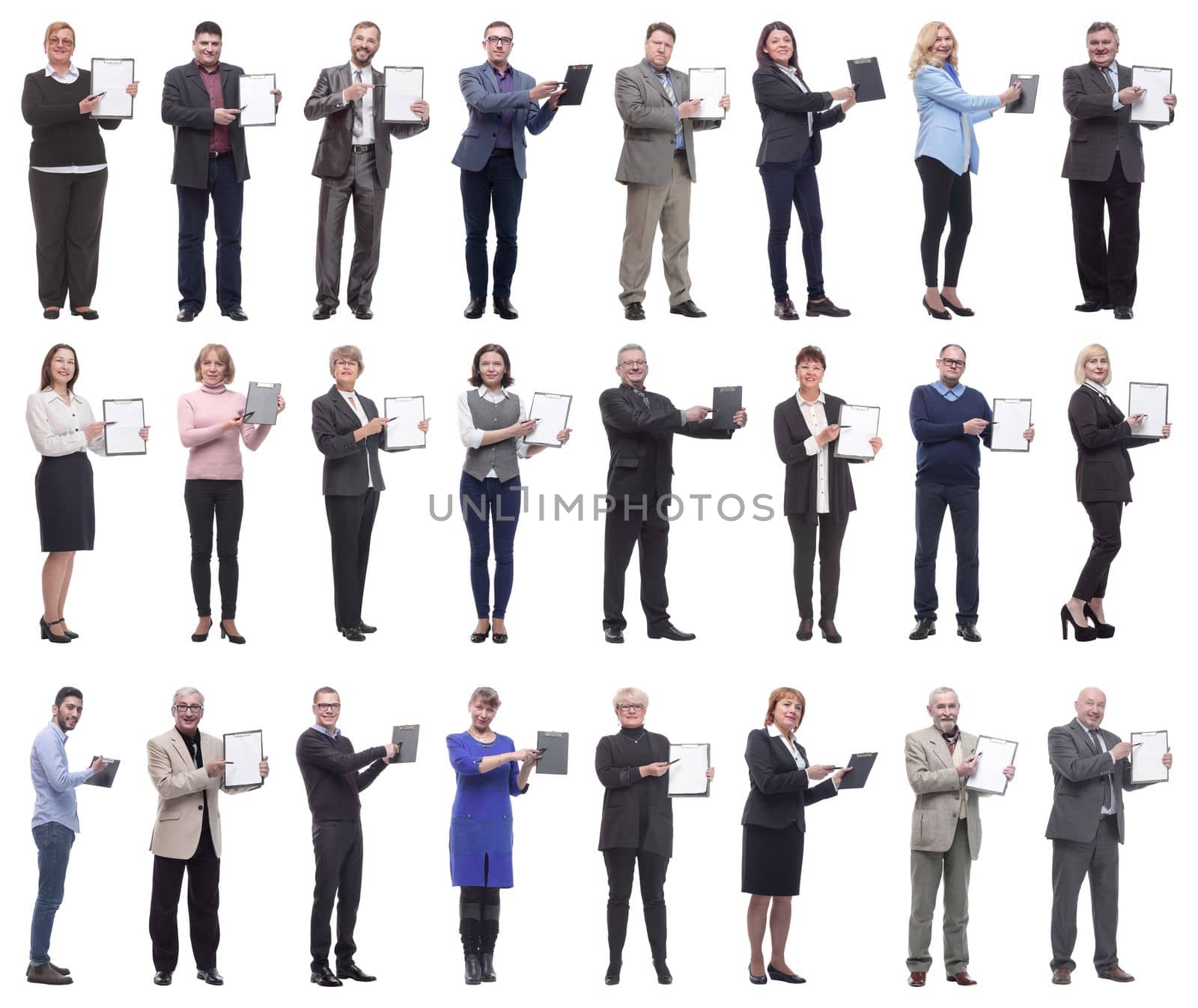 group of successful people with notepad in hands isolated on white background