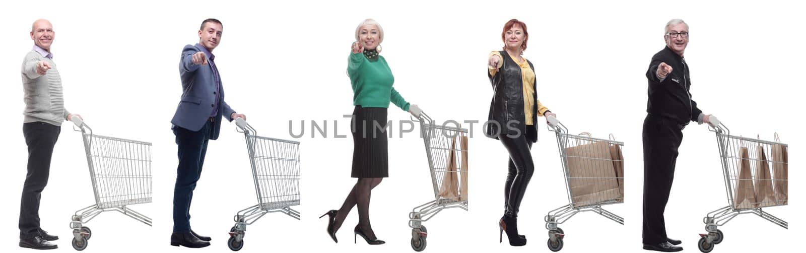 a group of people with a shopping cart point their finger at the camera on a white background