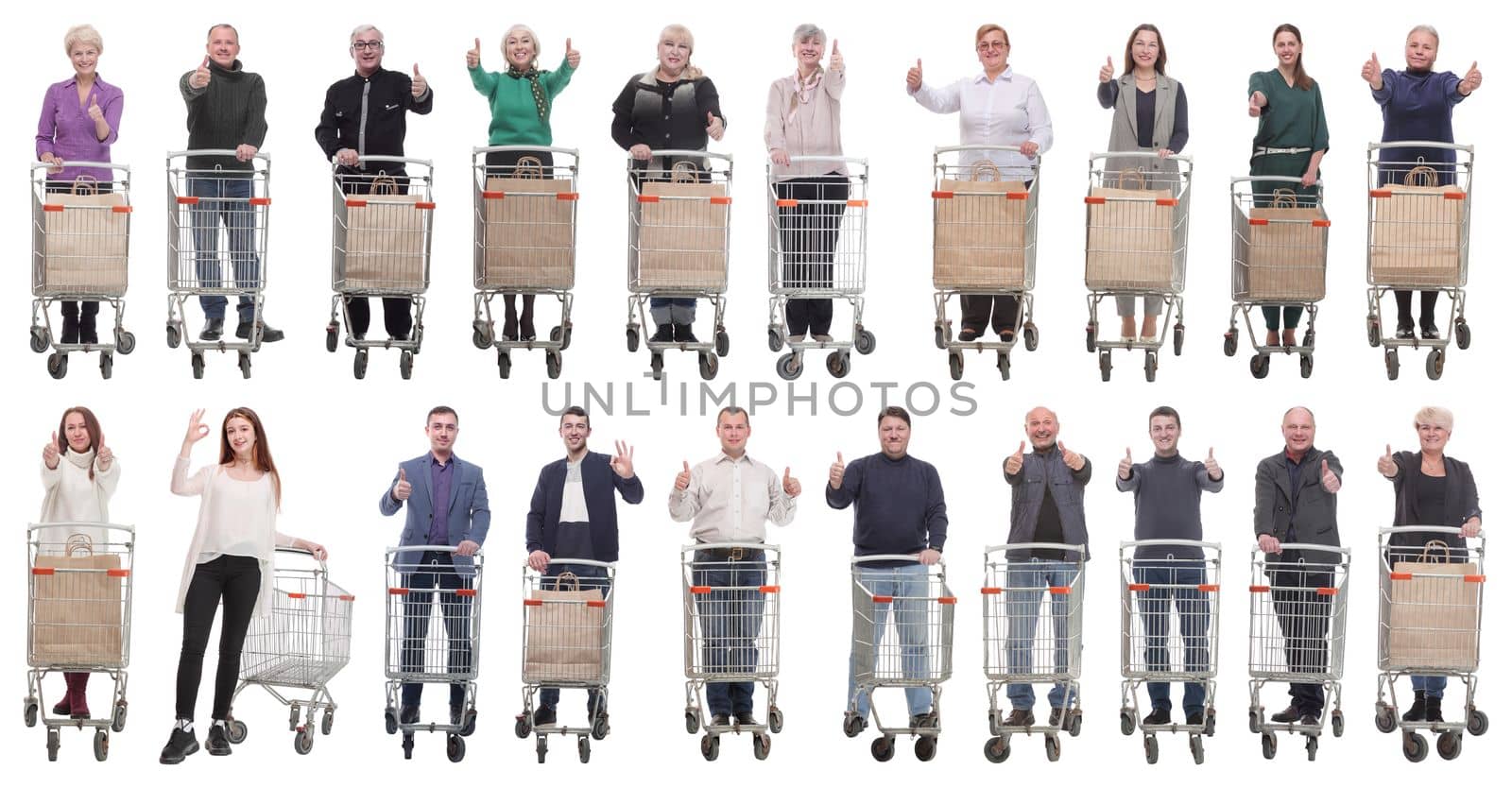 group of people with shopping cart showing thumbs up isolated on white background