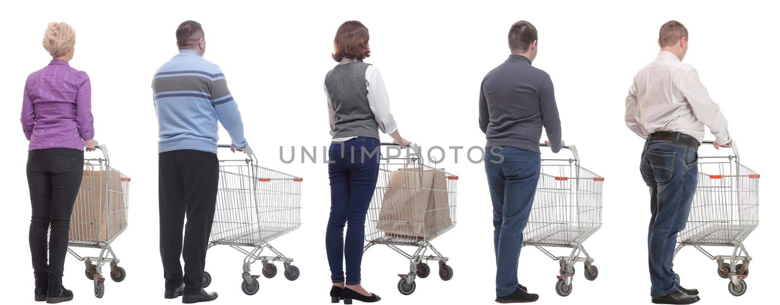 a group of people with a cart stand with their backs isolated on a white background