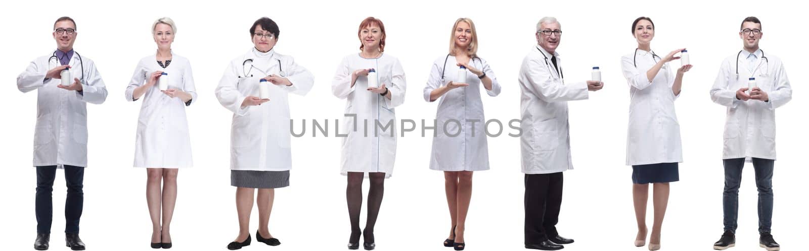 group of doctors holding jar isolated on white background