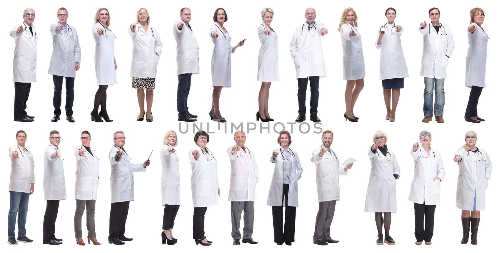 group of doctors in full length isolated on white background