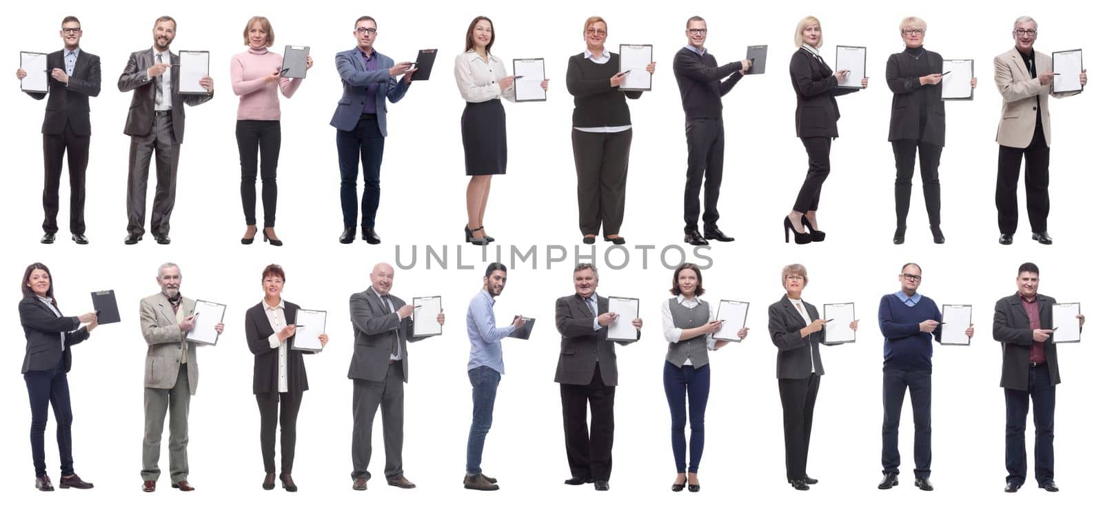 group of successful people with notepad in hands isolated on white background