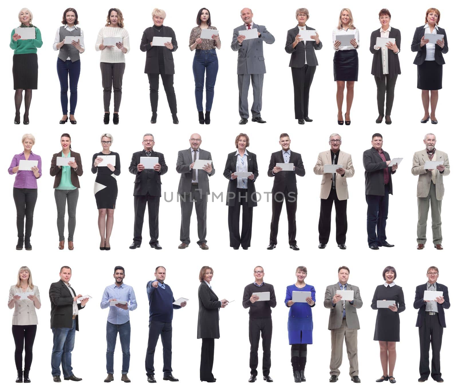 group of people demonstrating tablet looking at camera isolated on white background