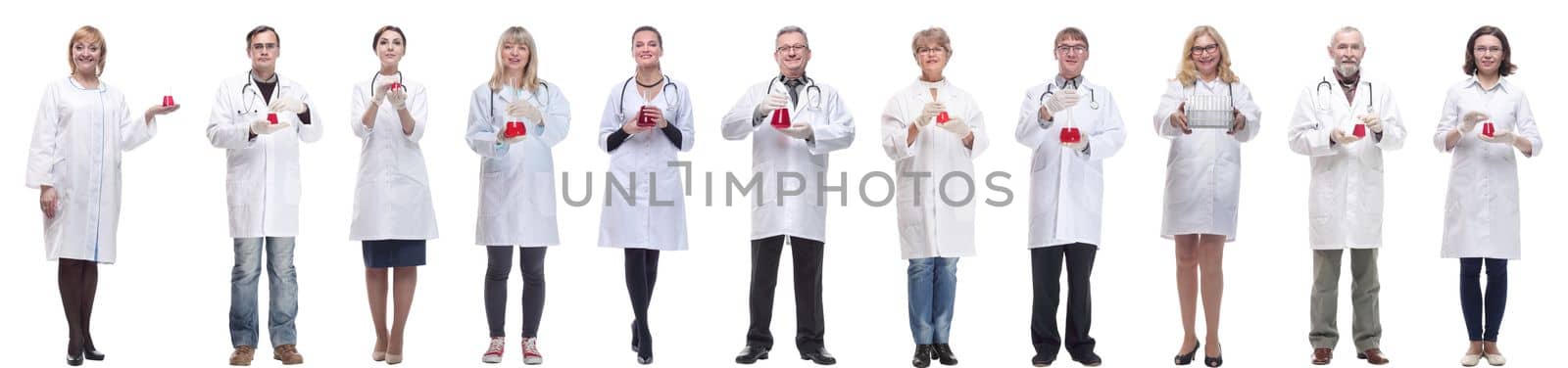 laboratory assistant holding a flask with liquid isolated on white background