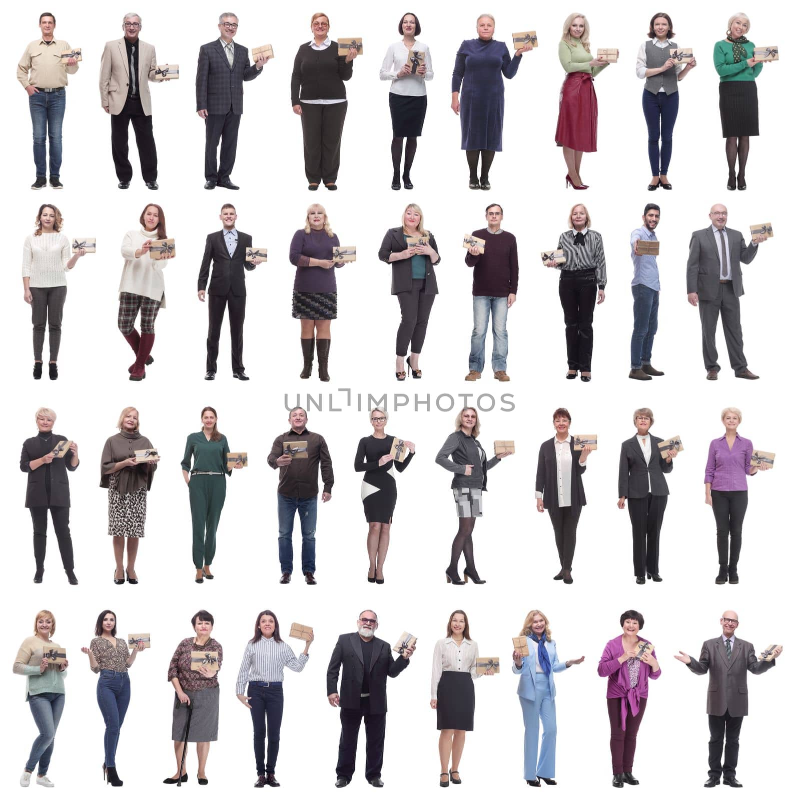 group of happy people with gifts in their hands isolated on white background