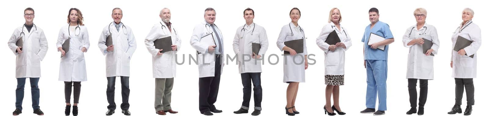 full length group of doctors with notepad isolated on white background