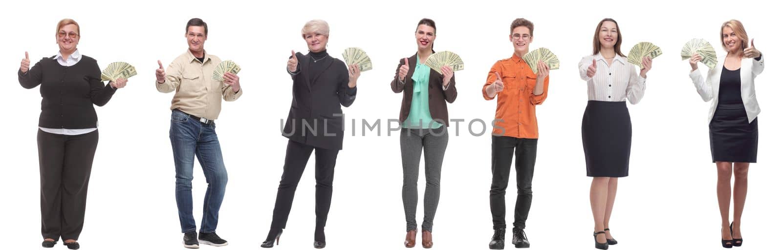 group of successful people with money in their hands on a white background