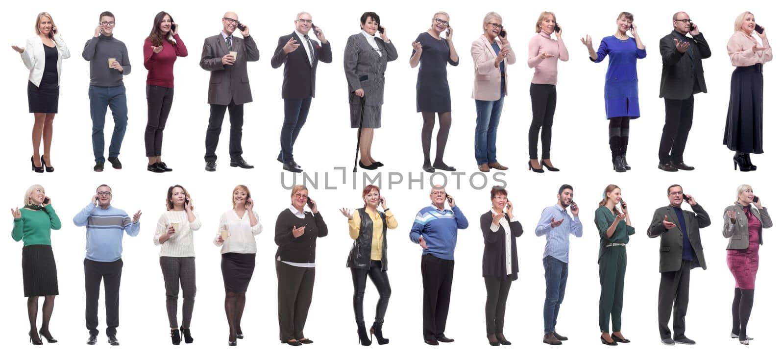 group of people holding phone in hand isolated on white background