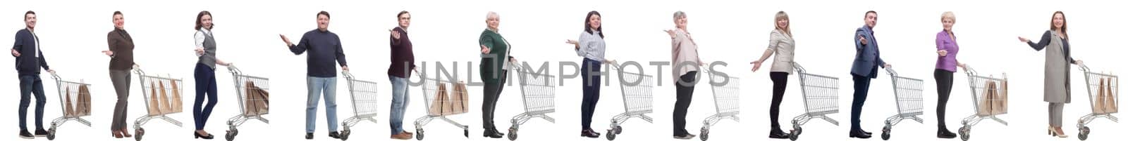 group of people with shopping cart on white by asdf