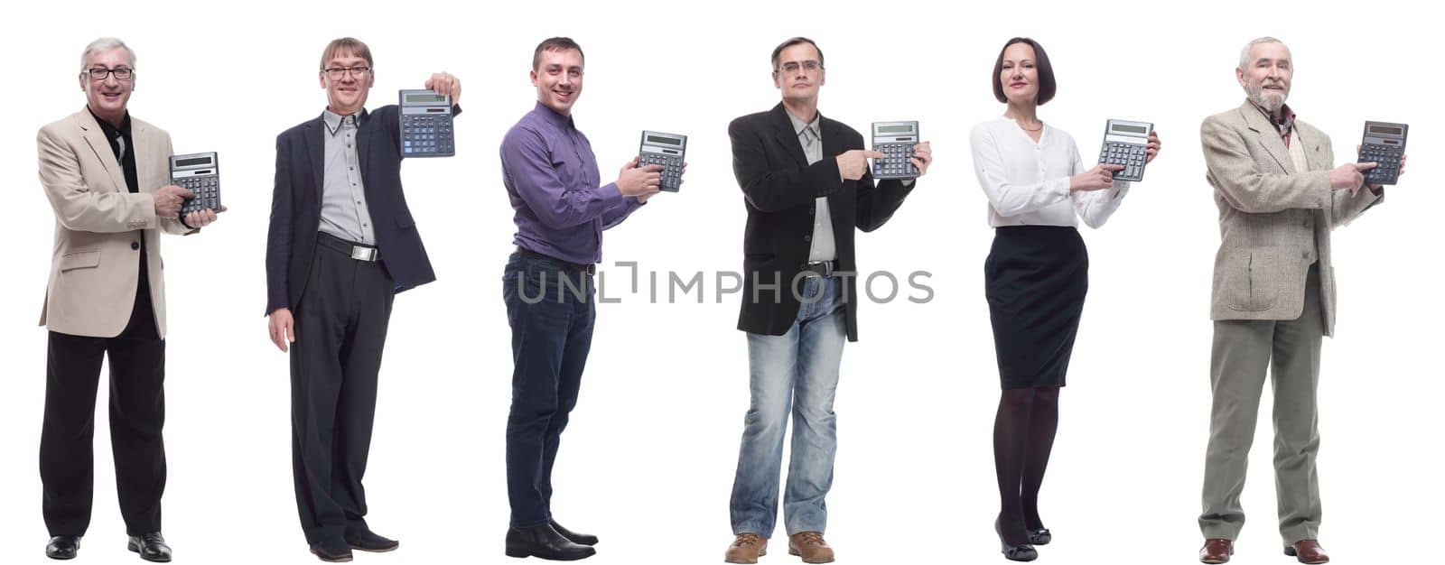 collage of people demonstrate calculator in hand isolated on white background