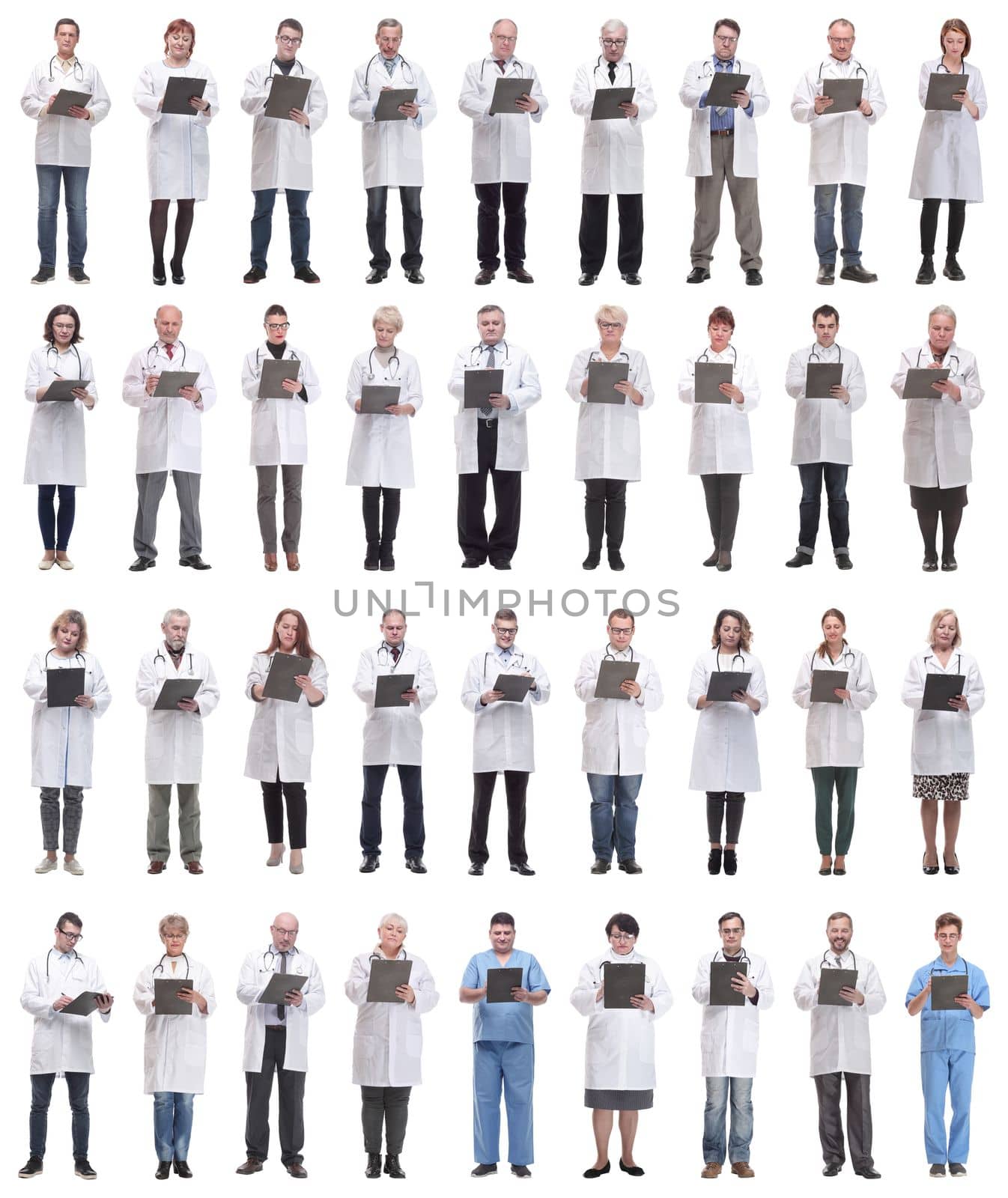 full length group of doctors with notepad isolated on white background