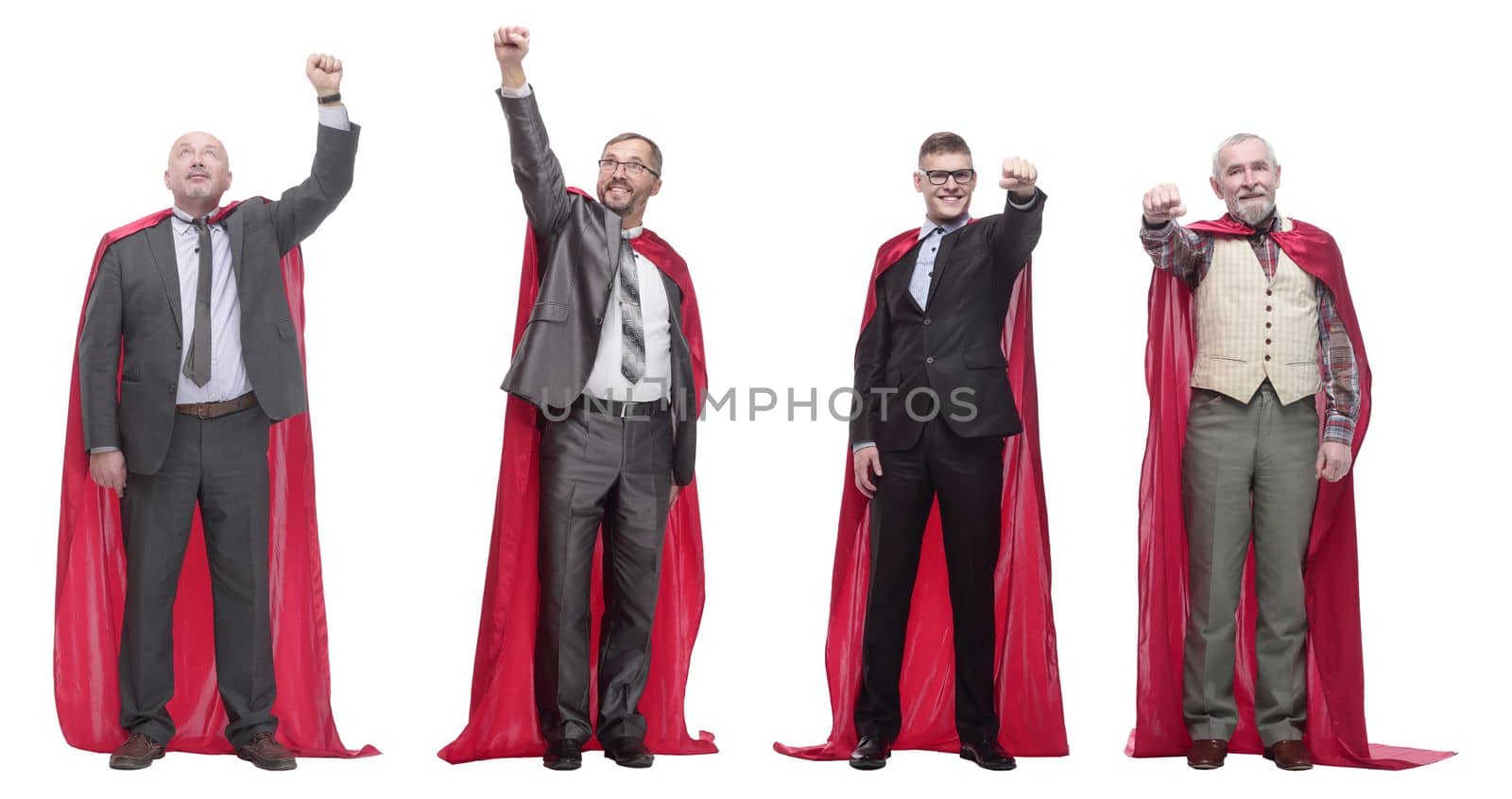 group of people in red raincoat isolated on white background