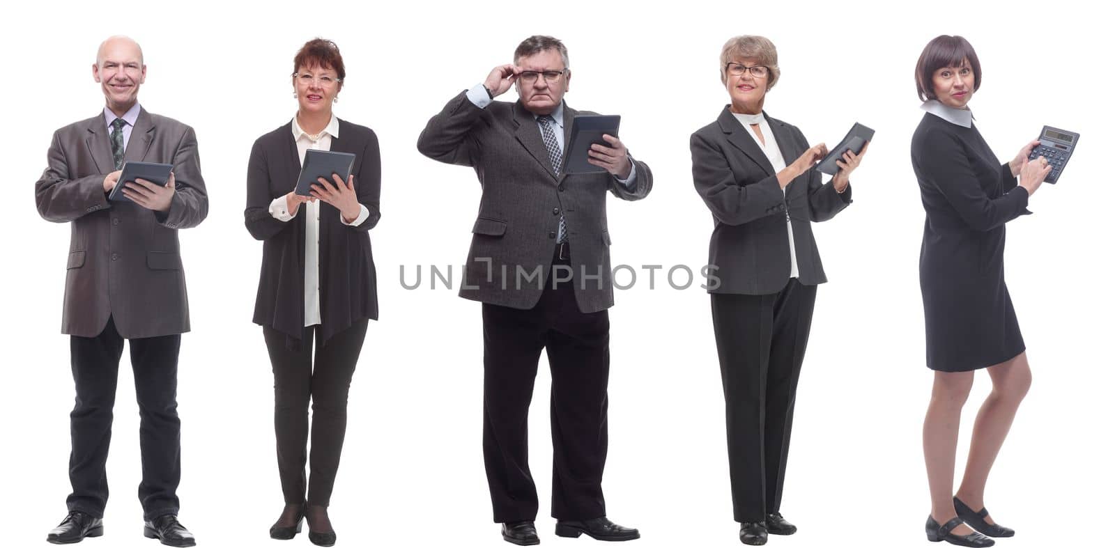 collage group of successful financiers with calculator isolated on white background