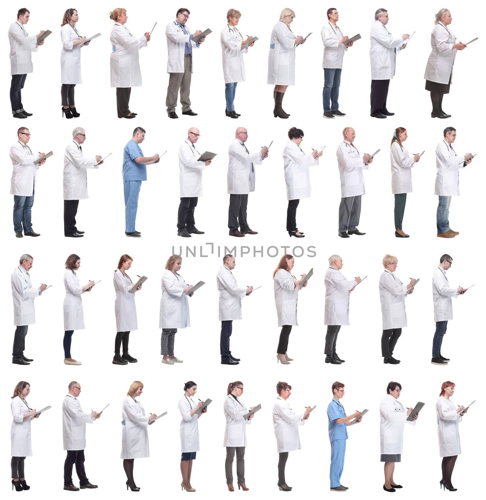 full length group of doctors with notepad isolated on white background