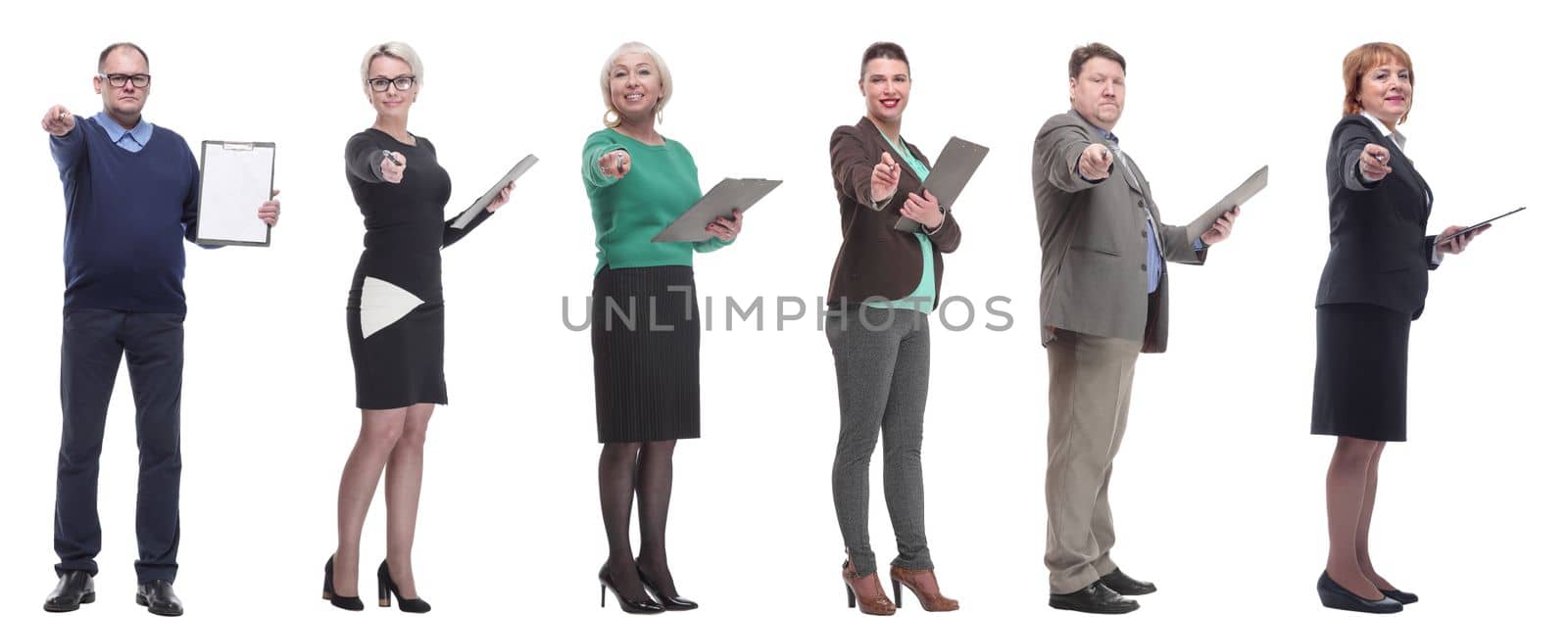 group of successful people with notepad in hands isolated by asdf