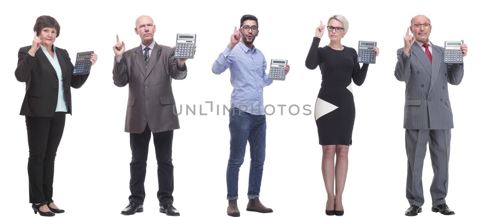 Collage of people with calculator isolated on white background