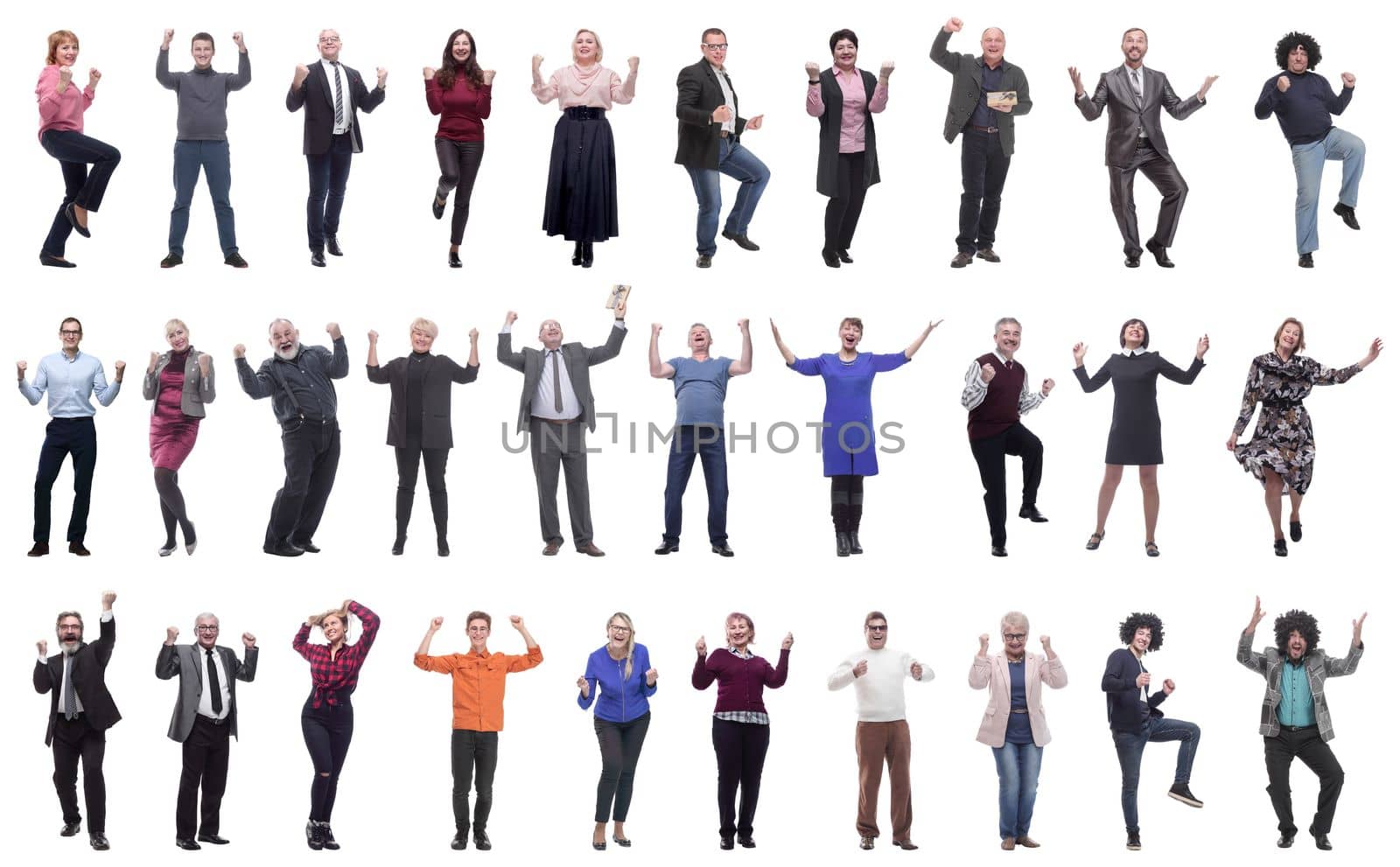 collage of people joyful energetic full length isolated on white background
