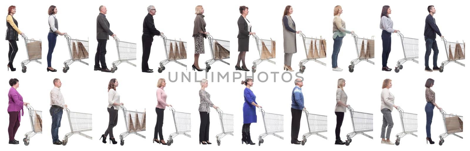 group of people with cart looking ahead isolated on white by asdf