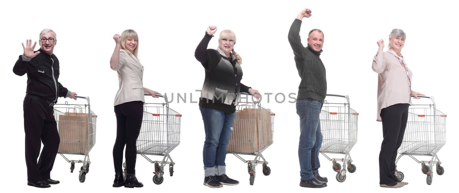 group of people with trolley greet isolated on white background
