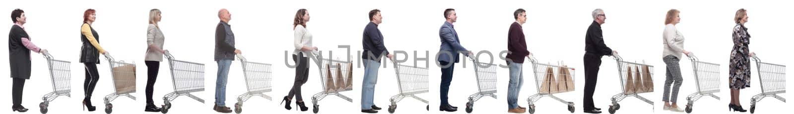 group of people with cart looking ahead isolated on white background