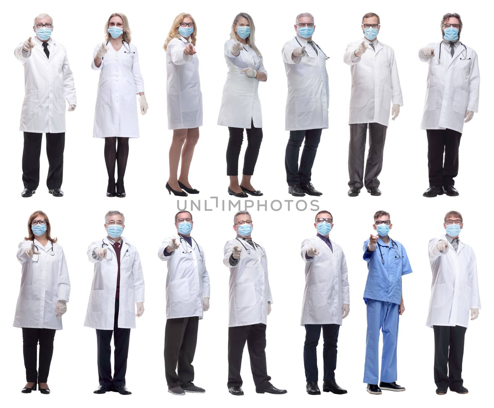 group of doctors in mask isolated on white background