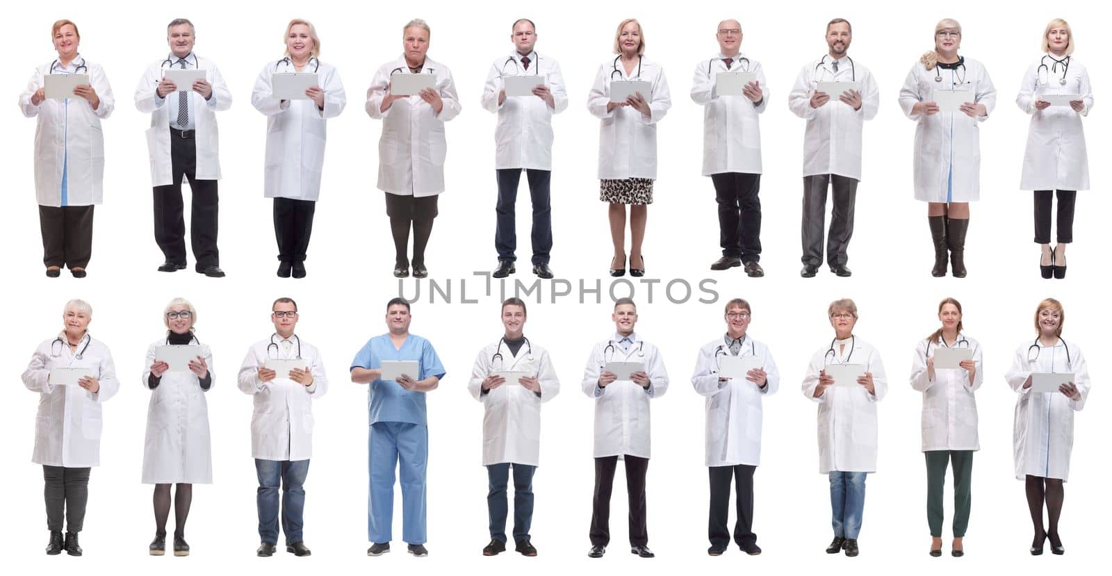group of doctors with clipboard isolated on white background