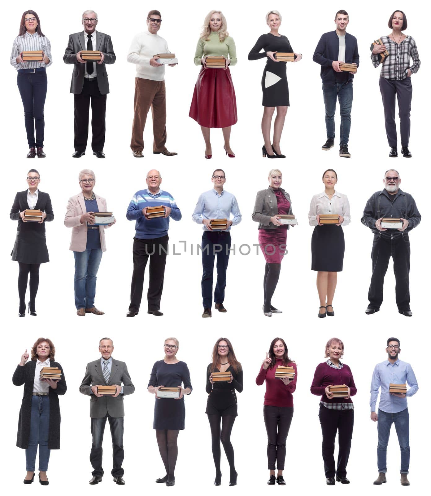 group of people holding books in hands isolated on white background