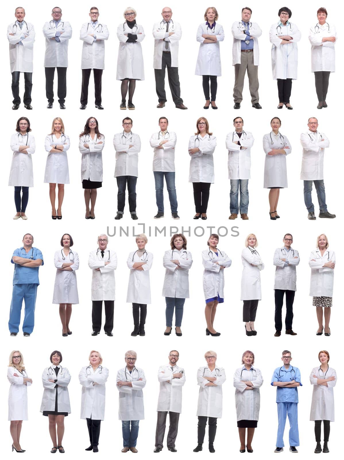 group of doctors in full length isolated on white background