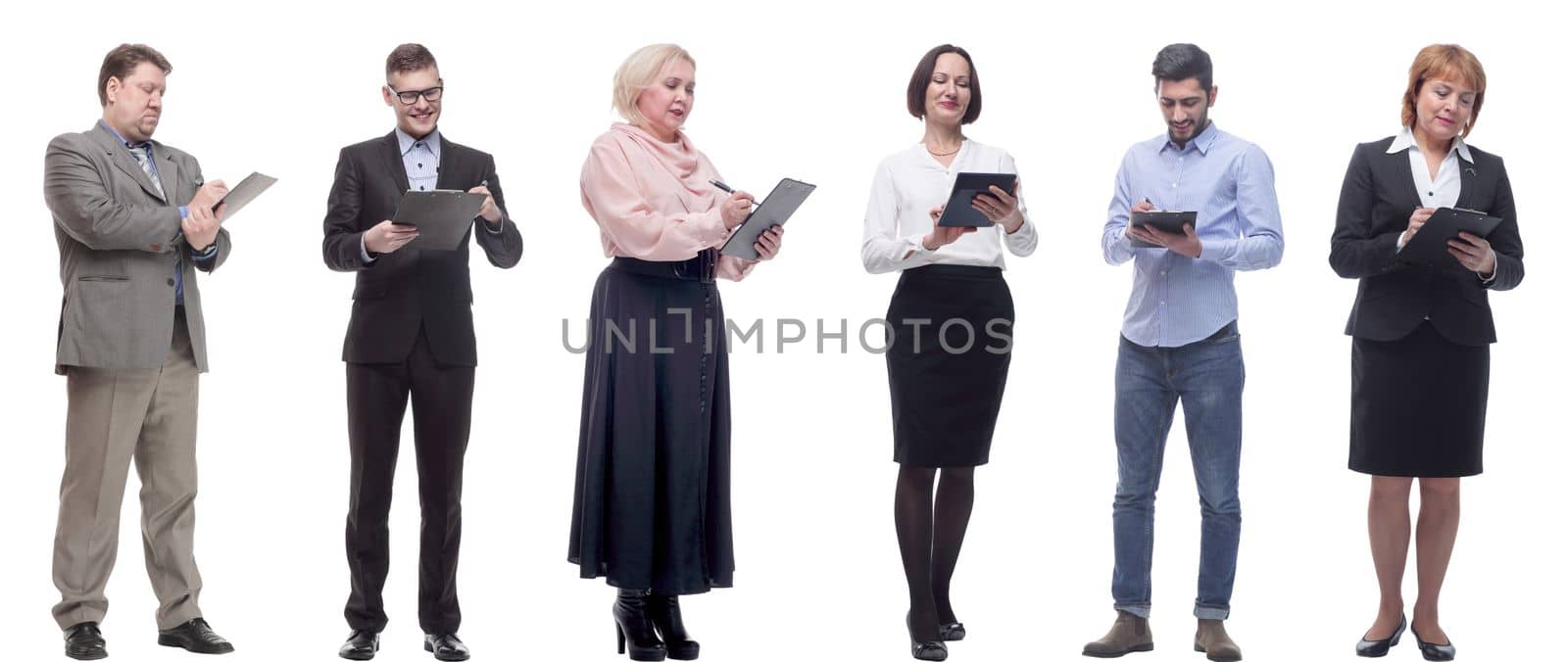 group of successful people with notepad in hands isolated by asdf