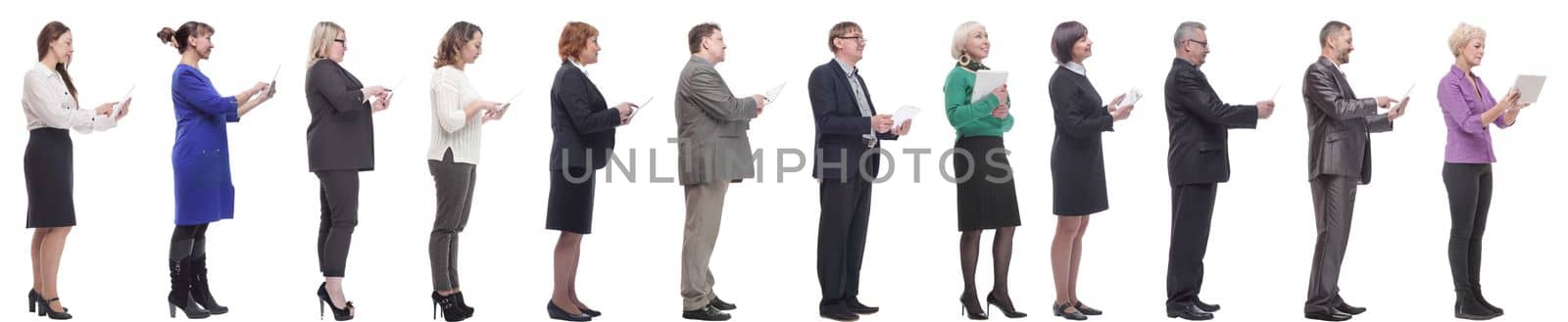 group of people holding tablet and looking ahead isolated on white background