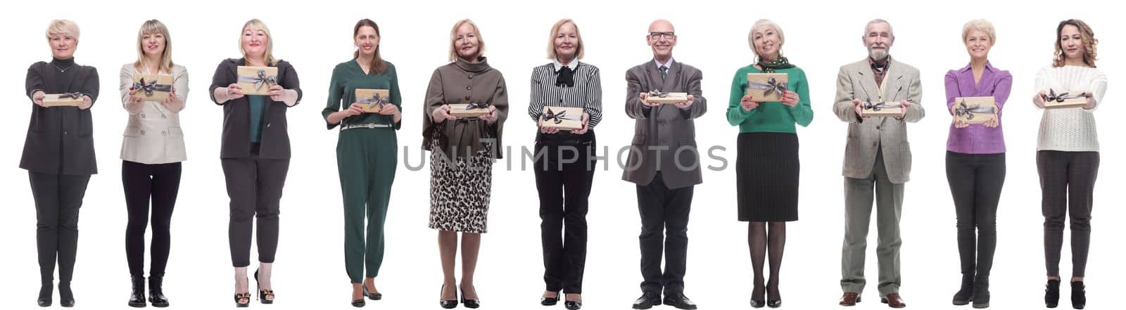 group of happy people with gifts in their hands isolated on white background