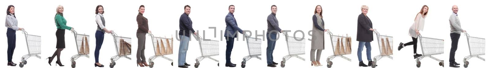 group of people with cart looking at camera isolated on white background