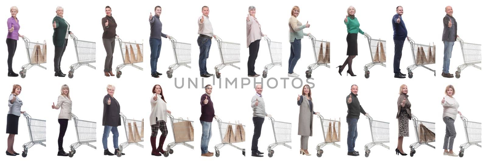 a group of people in profile with a basket showing thumbs up on a white background